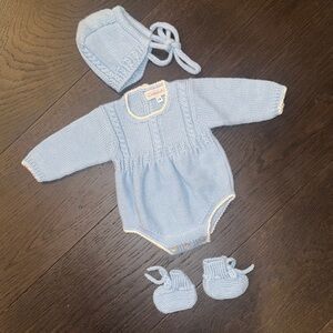 Newborn Blue Knit Baby Outfit with Bonnet and Booties